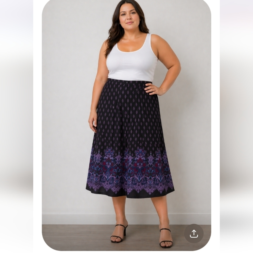 NOTIONS Floral Paisley Patterned Black Purple Maxi Skirt 1X